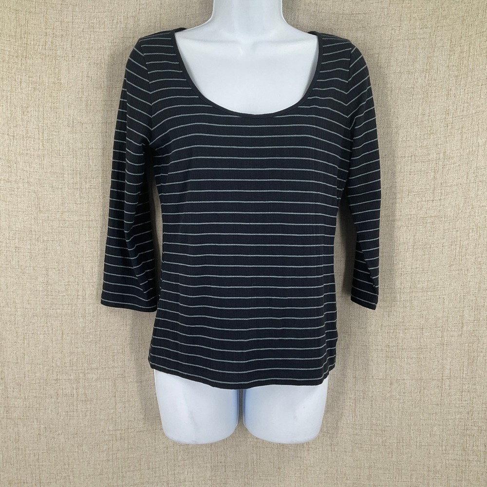 Vince Ribbed Knit Top Women M Navy Striped Scoop Neck 3/4 Sleeve Nautical